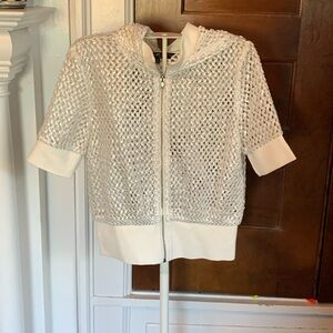 Eveen Kueen metallic silver‎ open knit  sleeve zip up hoodie. Worn 1x. Retail 78